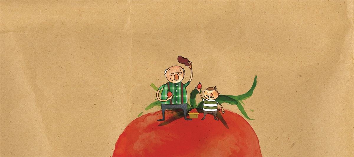 Illustration on brown paper of Grandpa Pete, an older man in a green plaid shirt with suspenders, and a boy in a striped shirt standing on a giant tomato, each holding up a small tomato