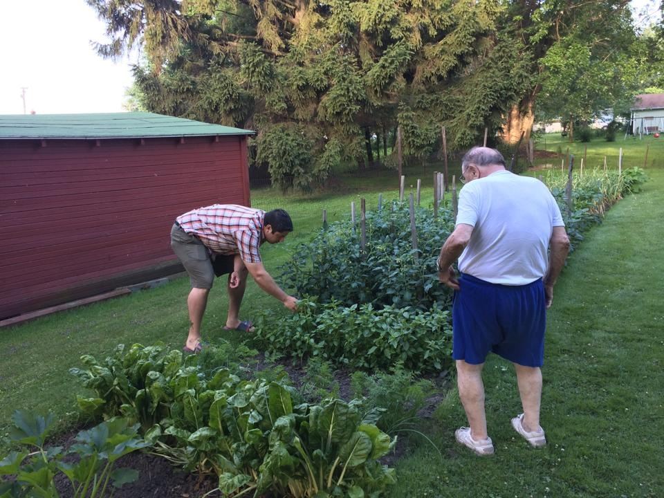 Paul and Grandpa Pete in a vegetable garden beside a red barn